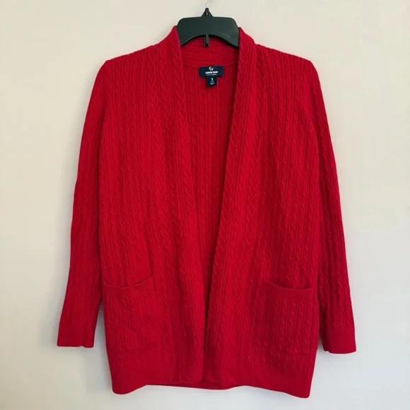 Lands End Red Cashmere Cable Knit Cardigan Size S Preppy Quiet Luxury Old Money - Picture 1 of 7